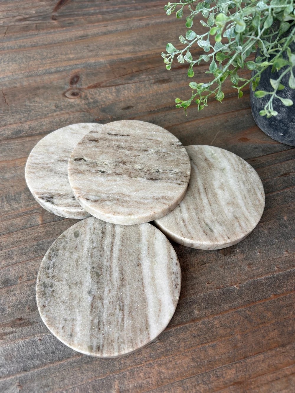 Set of 4 Polished Marble Stone Coasters - Gray, Brown & White Striped Grain